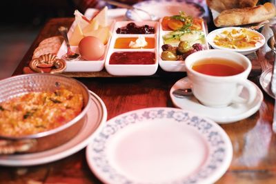 High angle view of breakfast on table