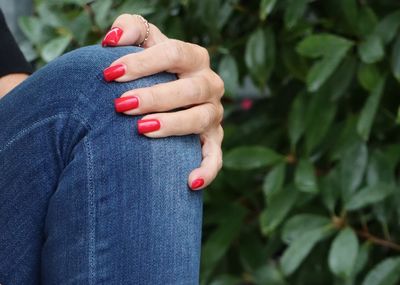 Close-up of woman hand holding red leaf