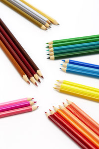 High angle view of colored pencils on white background