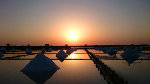 View of salt basin against clear sky during sunset