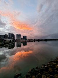 Scenic view of lake against sky during sunset