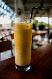 Close-up of beer in glass on table