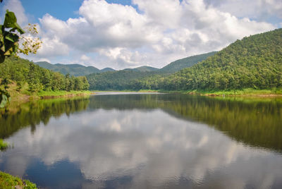 Scenic view of lake and mountains against sky