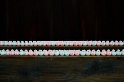 Close-up of white bottles on table