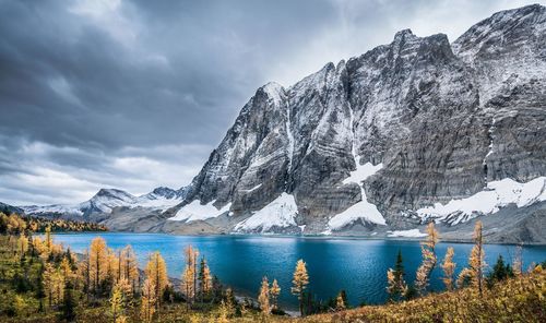 Scenic view of lake by snowcapped mountains against sky