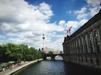 Arch bridge over spree river against fernsehturm in city