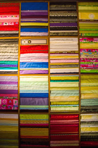 Full frame shot of multi colored bed sheets for sale in market