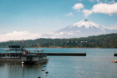 Scenic view of lake and volcano against sky