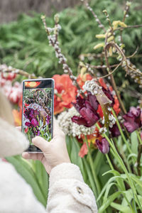 Cropped hand of woman using mobile phone