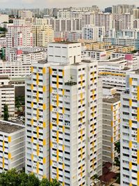 High angle view of modern buildings in city
