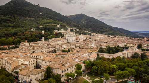 High angle shot of townscape against sky