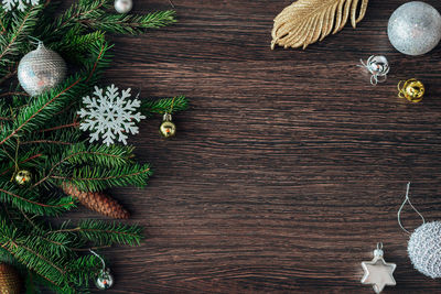 High angle view of christmas decorations on table