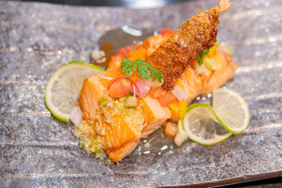 Close-up of fish served in plate