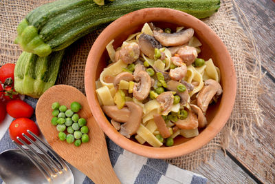 High angle view of salad in bowl on table