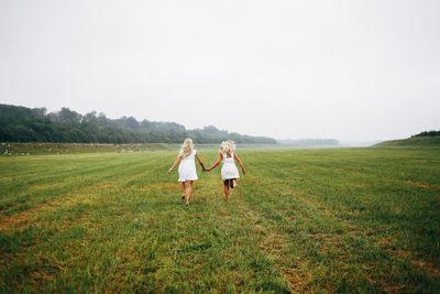 Rear view of friends running while holding hands on grassy field