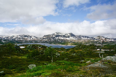 Scenic view of snowcapped mountains against sky
