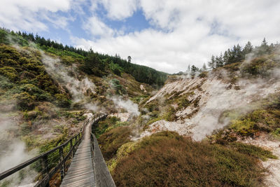 Scenic view of waterfall against sky