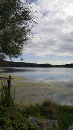 Scenic view of lake against cloudy sky