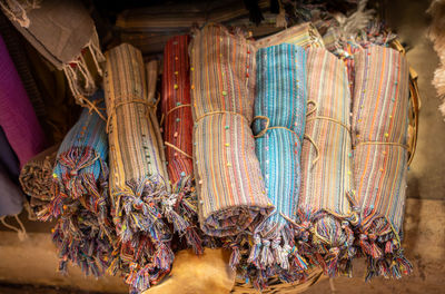 Close-up of clothes hanging for sale at market stall