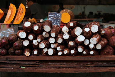 Close up of vegetables for sale at market stall