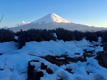 Scenic view of snow covered mountains against sky