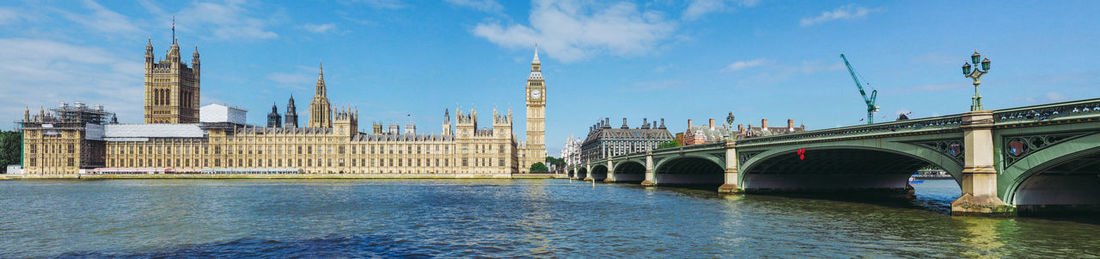 Bridge over river with buildings in background