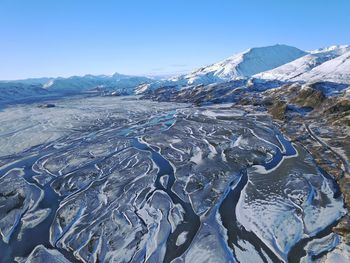 Scenic view of snowcapped mountains against clear blue sky