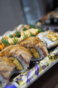 Close-up of fish served in plate on table