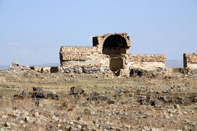 Low angle view of old ruins against clear sky