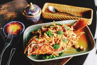 Close-up of seafood in plate on table