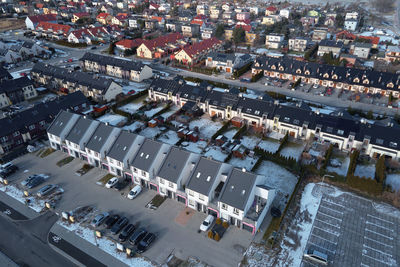 Aerial drone view of residential neighborhood in winter season