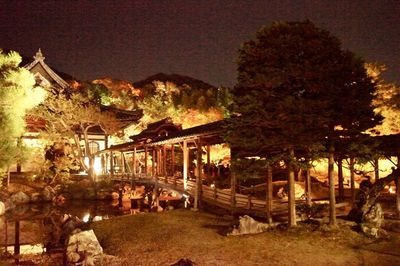 People in illuminated building at night