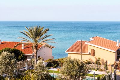 Palm trees by sea against sky