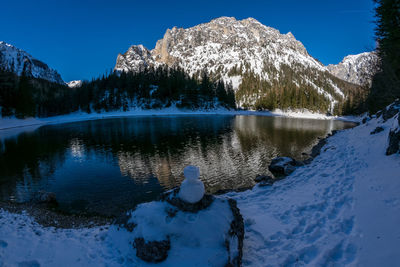 Scenic view of lake and snowcapped mountains during winter