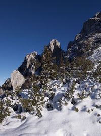 Scenic view of snowcapped mountains against clear blue sky