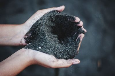 Cropped hands of woman holding sand at beach