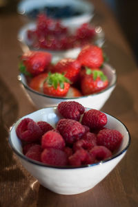 High angle view of strawberries in bowl on table