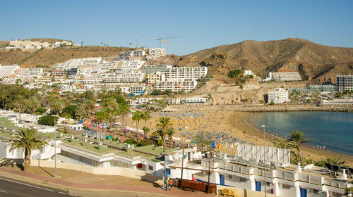 High angle view of townscape against clear sky