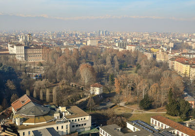 High angle shot of townscape against sky