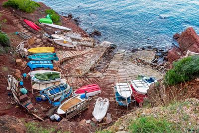 High angle view of boats on beach