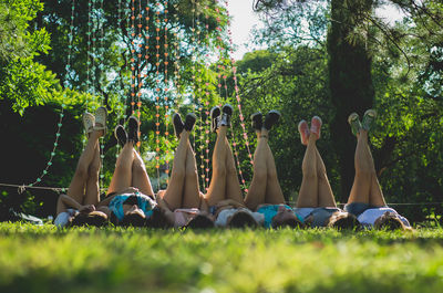 People relaxing on grass in forest