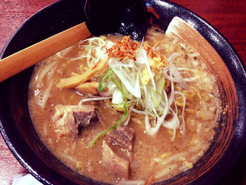 High angle view of soup in bowl on table