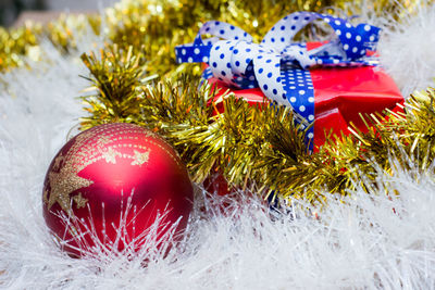 Close-up of christmas present on table