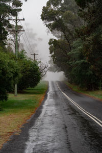 Empty road amidst trees against sky during rainy season