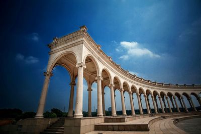 Low angle view of covered walkway against sky