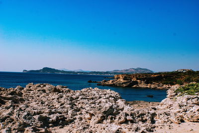 Scenic view of sea against clear blue sky