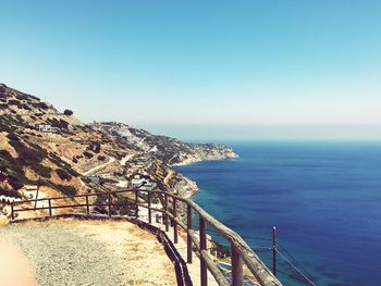 Scenic view of sea against clear blue sky