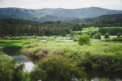 Scenic view of lake by mountains against sky