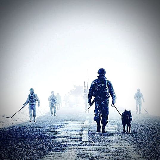 dog, walking, full length, pets, men, domestic animals, road, real people, outdoors, people, adult, military uniform, army soldier, day, mammal, weapon, headwear, adults only, only men, sky