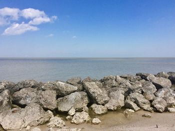 Rocks on beach against sky